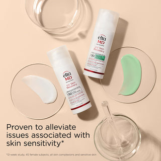 EltaMD UV Skin Recovery Red Color Correcting Green Tint Broad Spectrum SPF 50 in sleek bottles with green tint swatch.