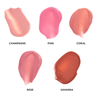 Colorescience Peptide Lip Shine SPF 30 in various shades of pink and coral swatches on a white background.