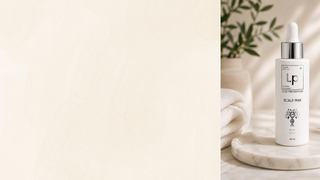 A white skincare dropper bottle labeled 'Lp Scalp Mix' sits on a white marble coaster next to a folded white towel and a potted plant, with a large cream-colored textured panel occupying the left side of the frame.